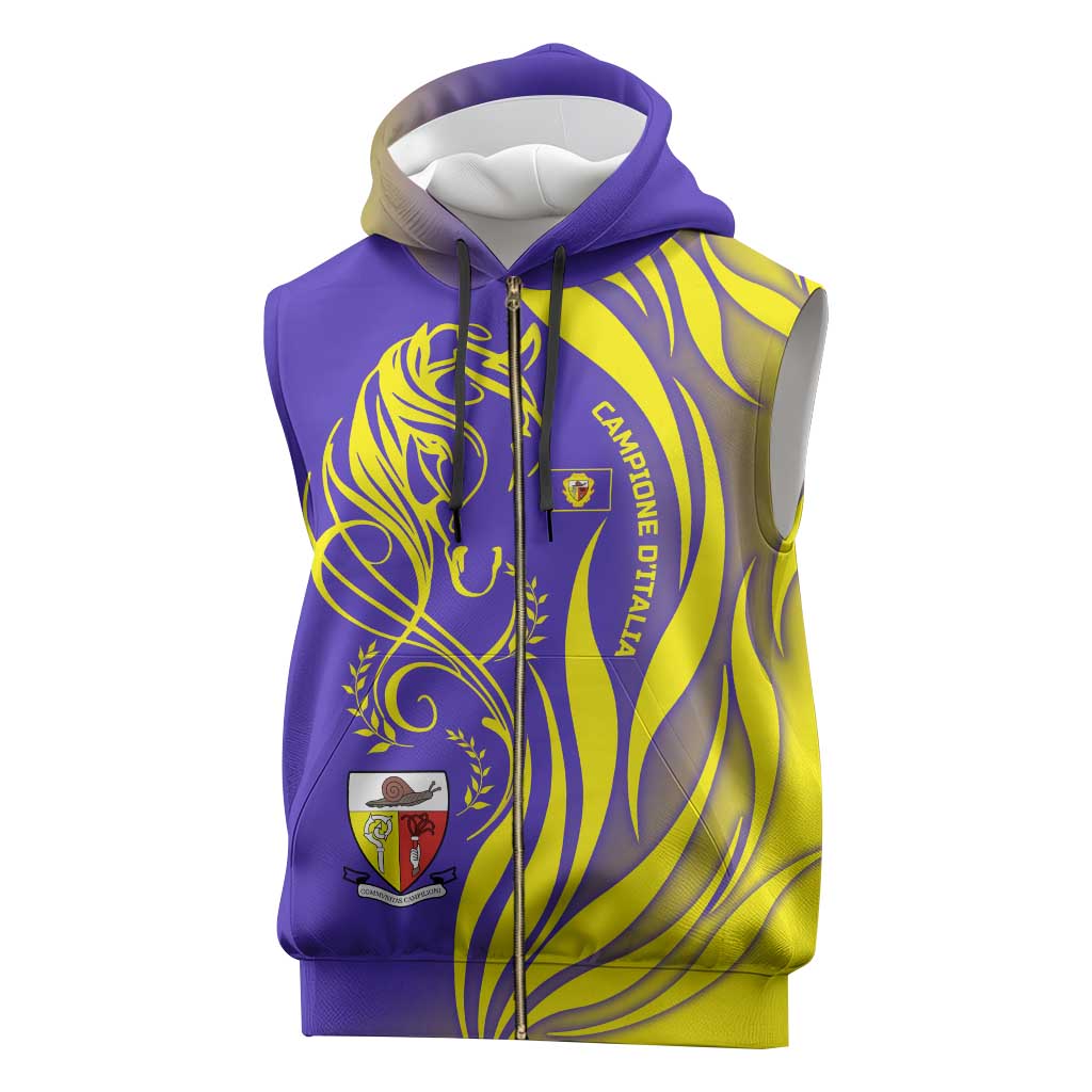 Campione d’Italia Sleeveless Zip Hoodie with Yellow Horse Graphic and Purple Flame Crest - Wonder Print Shop