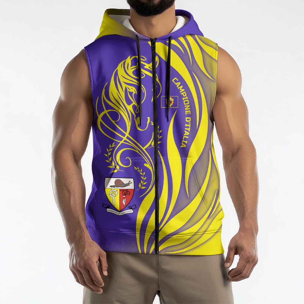 Campione d’Italia Sleeveless Zip Hoodie with Yellow Horse Graphic and Purple Flame Crest - Wonder Print Shop