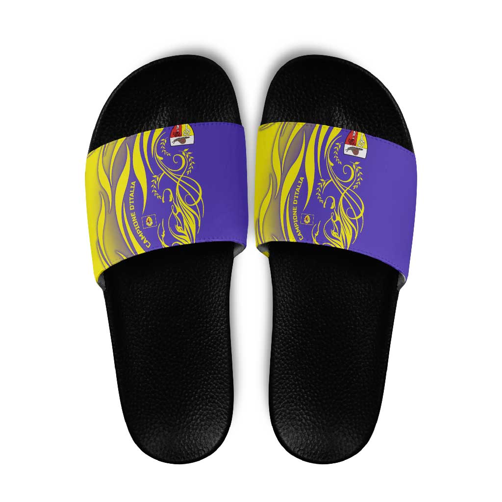 Campione d’Italia Slide Sandals with Yellow Horse Graphic and Purple Flame Crest - Wonder Print Shop