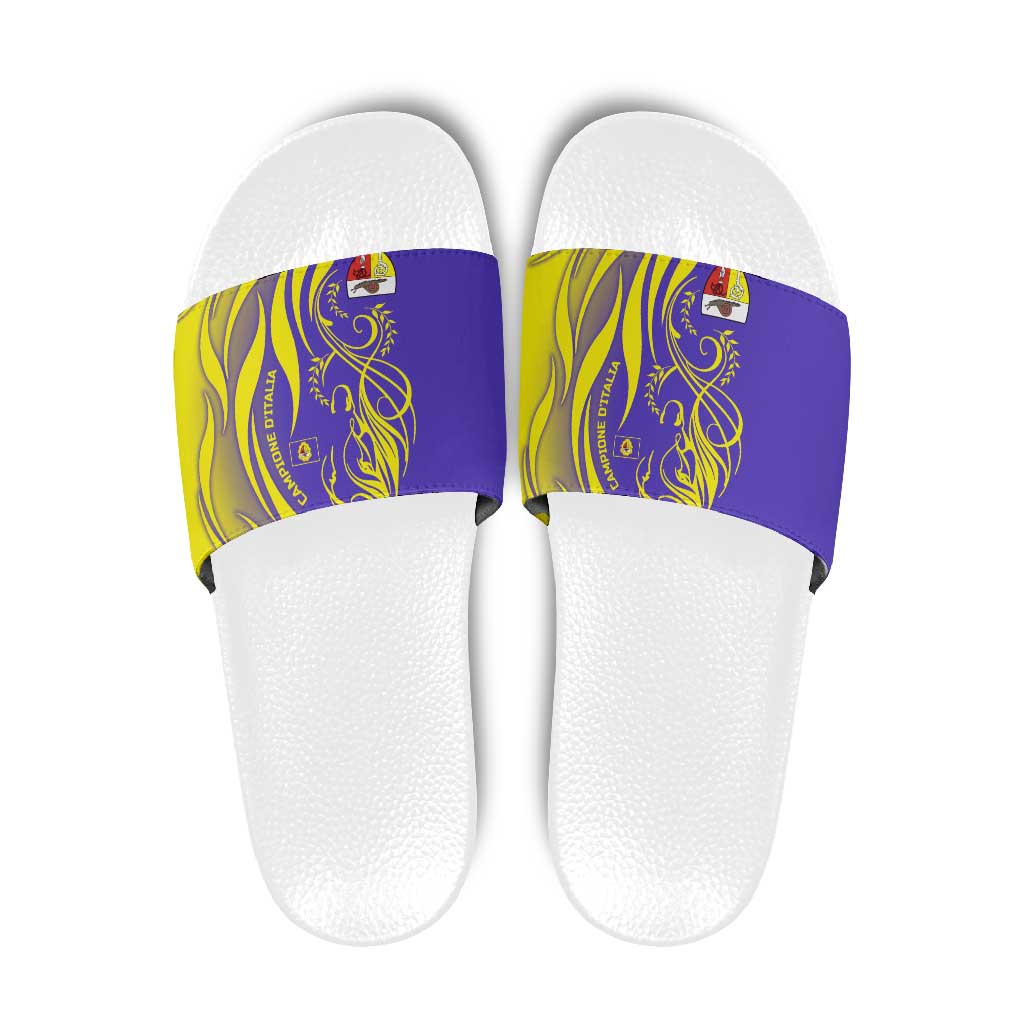 Campione d’Italia Slide Sandals with Yellow Horse Graphic and Purple Flame Crest - Wonder Print Shop