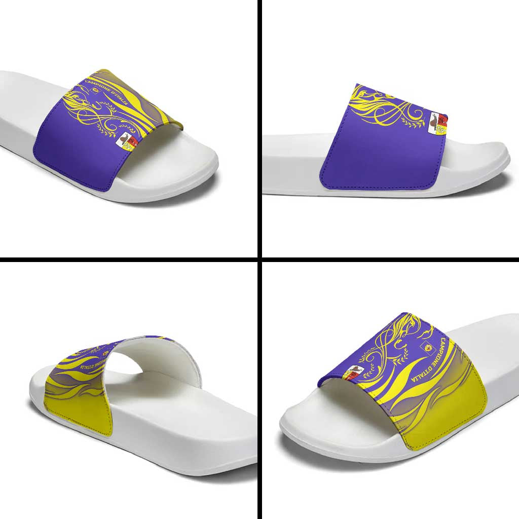 Campione d’Italia Slide Sandals with Yellow Horse Graphic and Purple Flame Crest - Wonder Print Shop