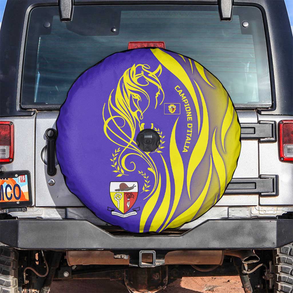 Campione d’Italia Spare Tire Cover with Yellow Horse Graphic and Purple Flame Crest - Wonder Print Shop