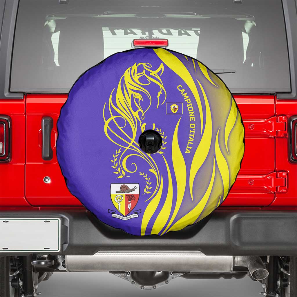 Campione d’Italia Spare Tire Cover with Yellow Horse Graphic and Purple Flame Crest - Wonder Print Shop