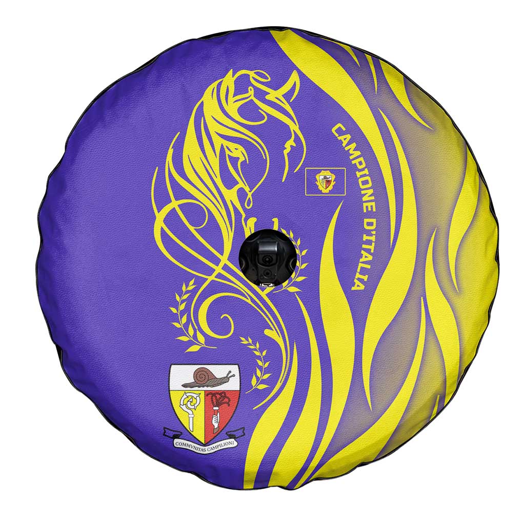 Campione d’Italia Spare Tire Cover with Yellow Horse Graphic and Purple Flame Crest - Wonder Print Shop