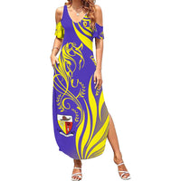 Campione d’Italia Summer Maxi Dress with Yellow Horse Graphic and Purple Flame Crest - Wonder Print Shop