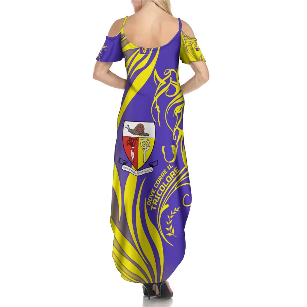 Campione d’Italia Summer Maxi Dress with Yellow Horse Graphic and Purple Flame Crest - Wonder Print Shop