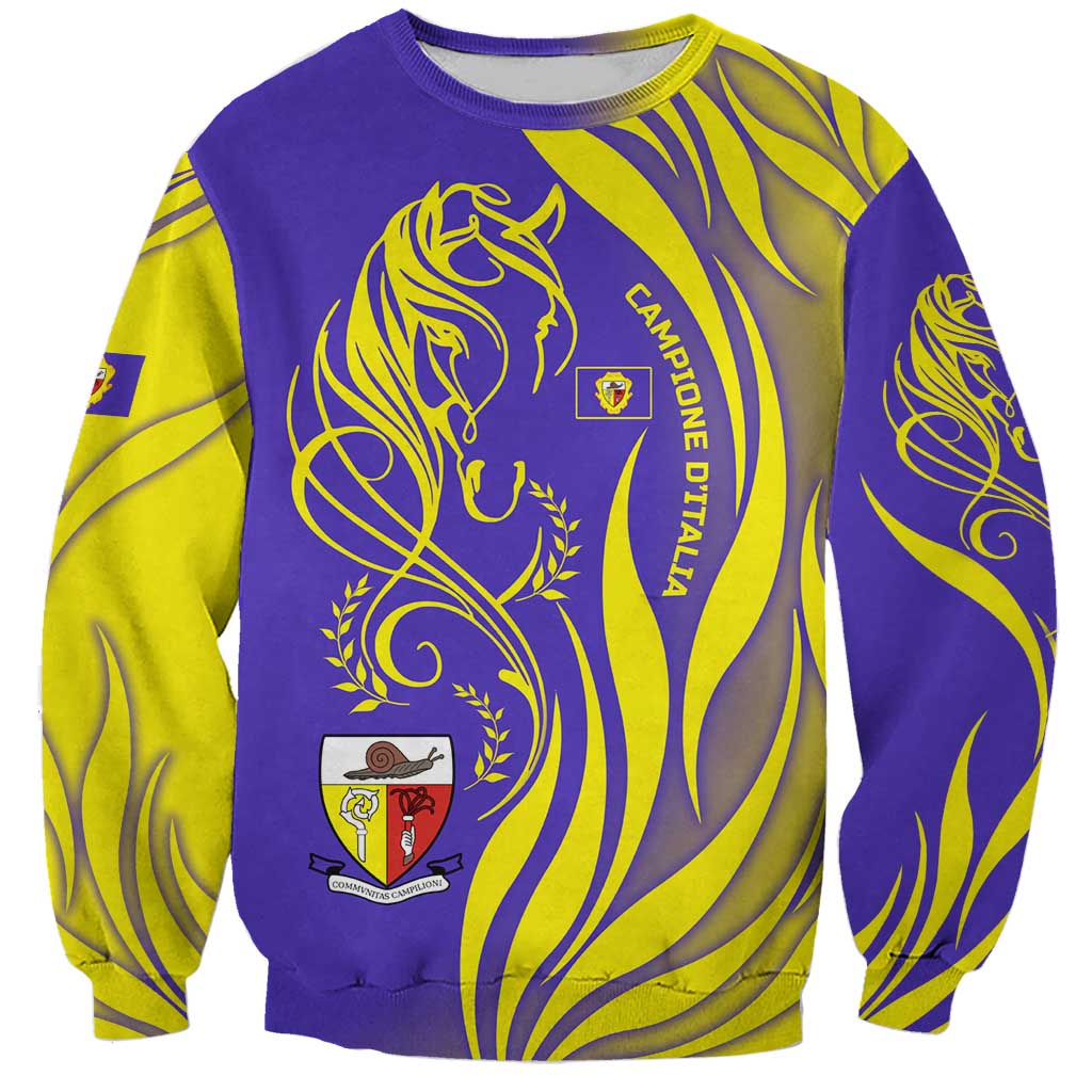 Campione d’Italia Sweatshirt with Yellow Horse Graphic and Purple Flame Crest - Wonder Print Shop