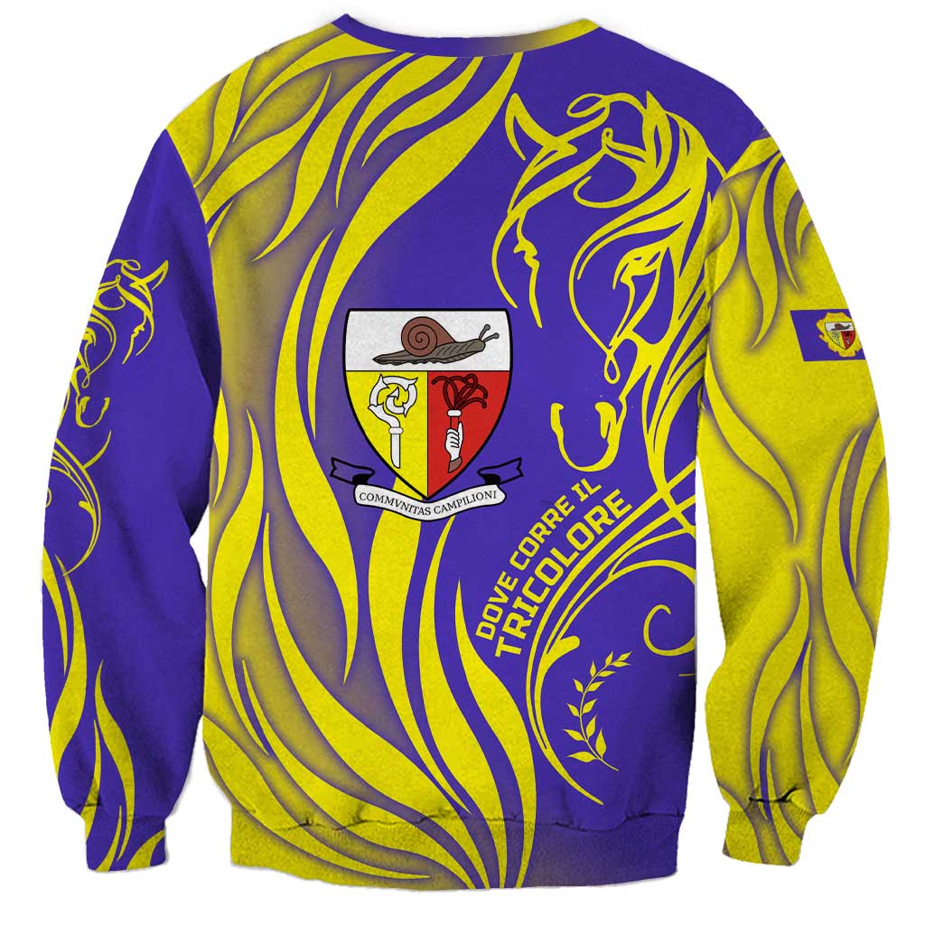Campione d’Italia Sweatshirt with Yellow Horse Graphic and Purple Flame Crest - Wonder Print Shop