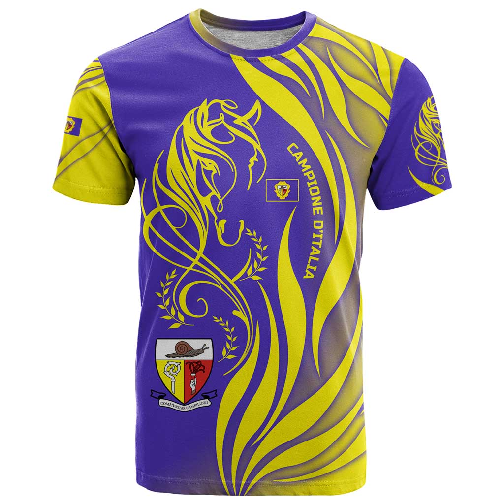 Campione d’Italia T Shirt with Yellow Horse Graphic and Purple Flame Crest - Wonder Print Shop
