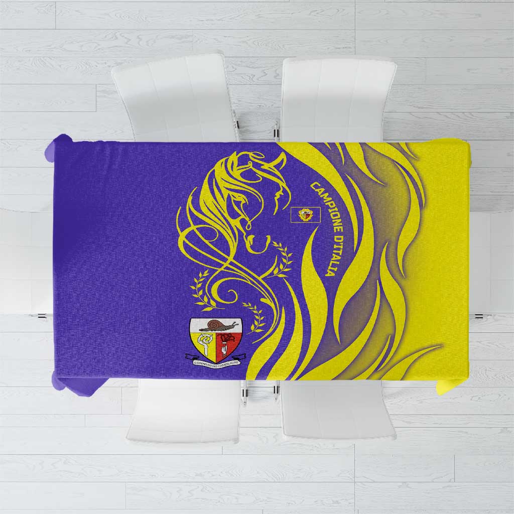 Campione d’Italia Tablecloth with Yellow Horse Graphic and Purple Flame Crest - Wonder Print Shop