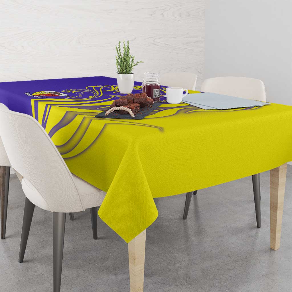 Campione d’Italia Tablecloth with Yellow Horse Graphic and Purple Flame Crest - Wonder Print Shop