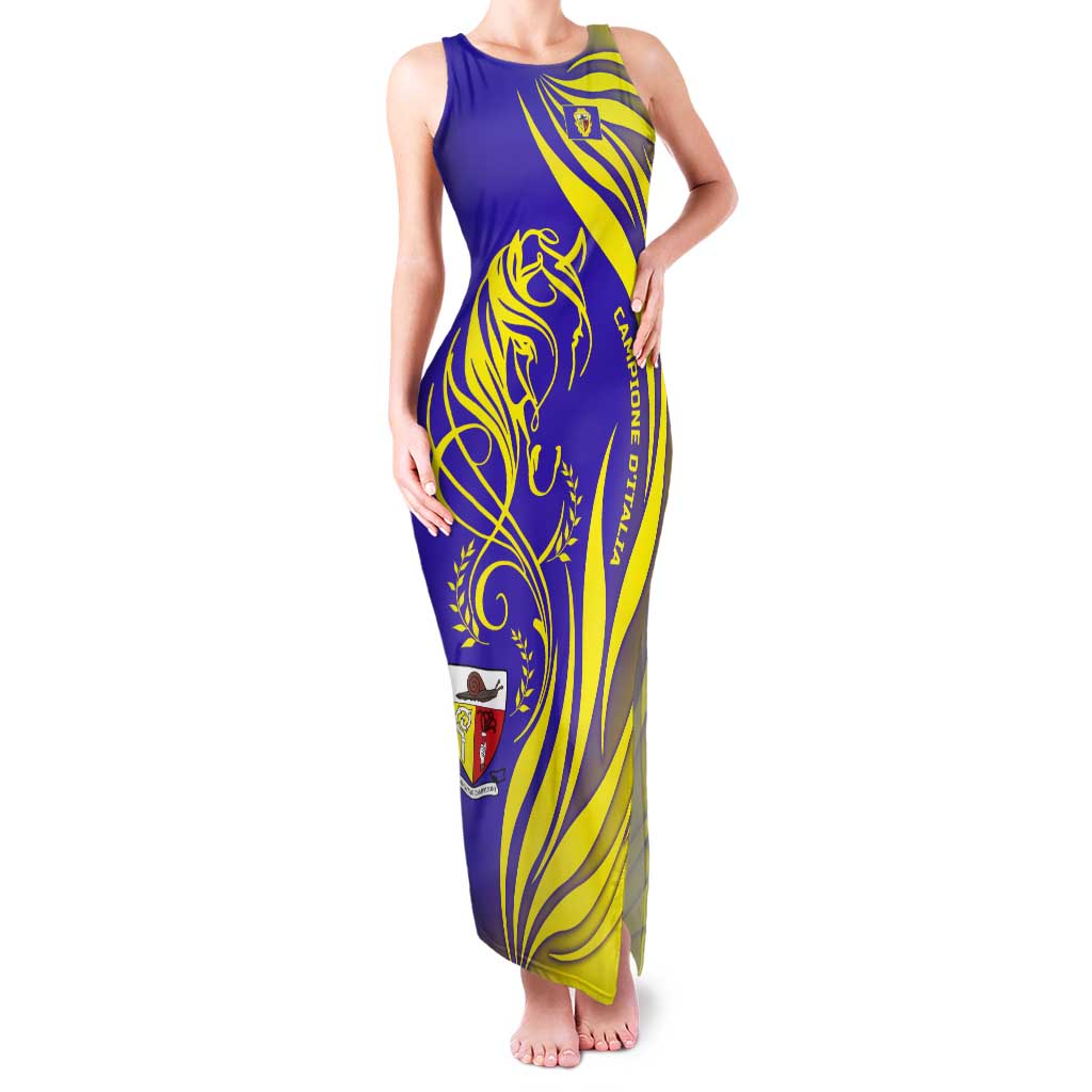 Campione d’Italia Tank Maxi Dress with Yellow Horse Graphic and Purple Flame Crest - Wonder Print Shop