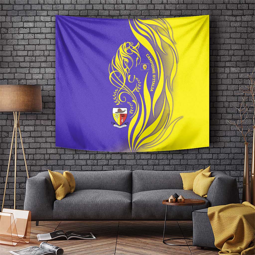 Campione d’Italia Tapestry with Yellow Horse Graphic and Purple Flame Crest - Wonder Print Shop