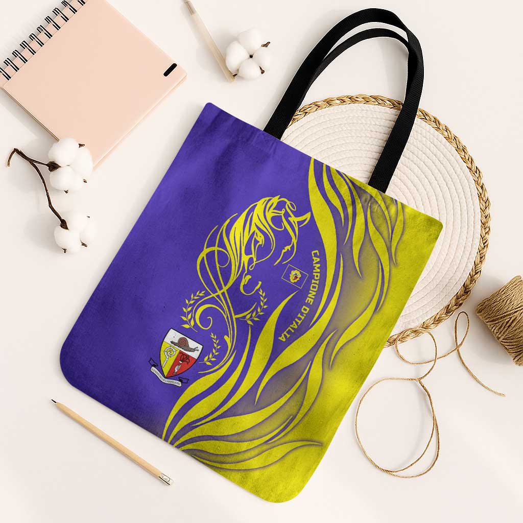 Campione d’Italia Tote Bag with Yellow Horse Graphic and Purple Flame Crest - Wonder Print Shop