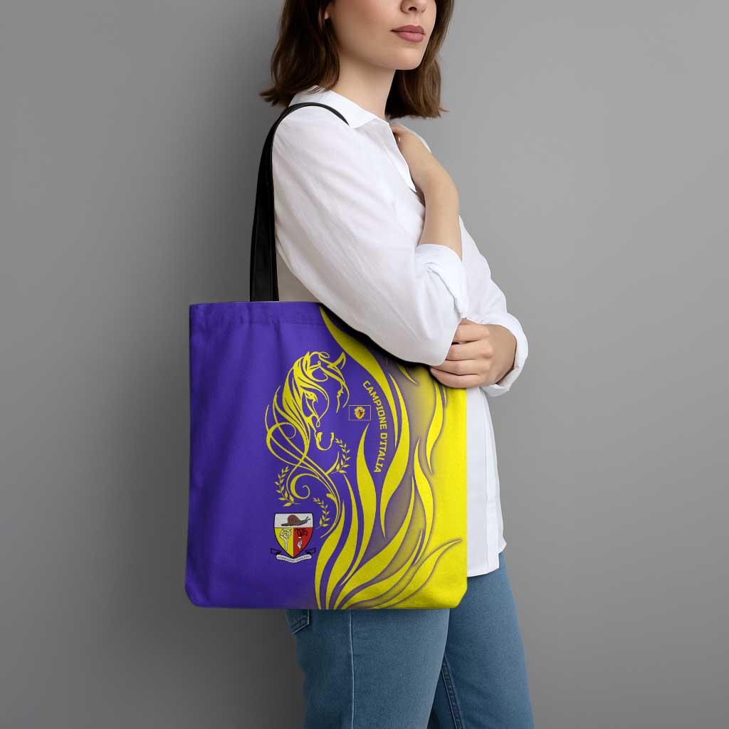 Campione d’Italia Tote Bag with Yellow Horse Graphic and Purple Flame Crest - Wonder Print Shop