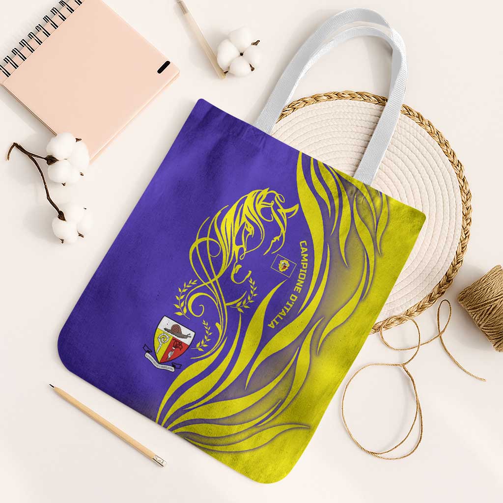 Campione d’Italia Tote Bag with Yellow Horse Graphic and Purple Flame Crest - Wonder Print Shop