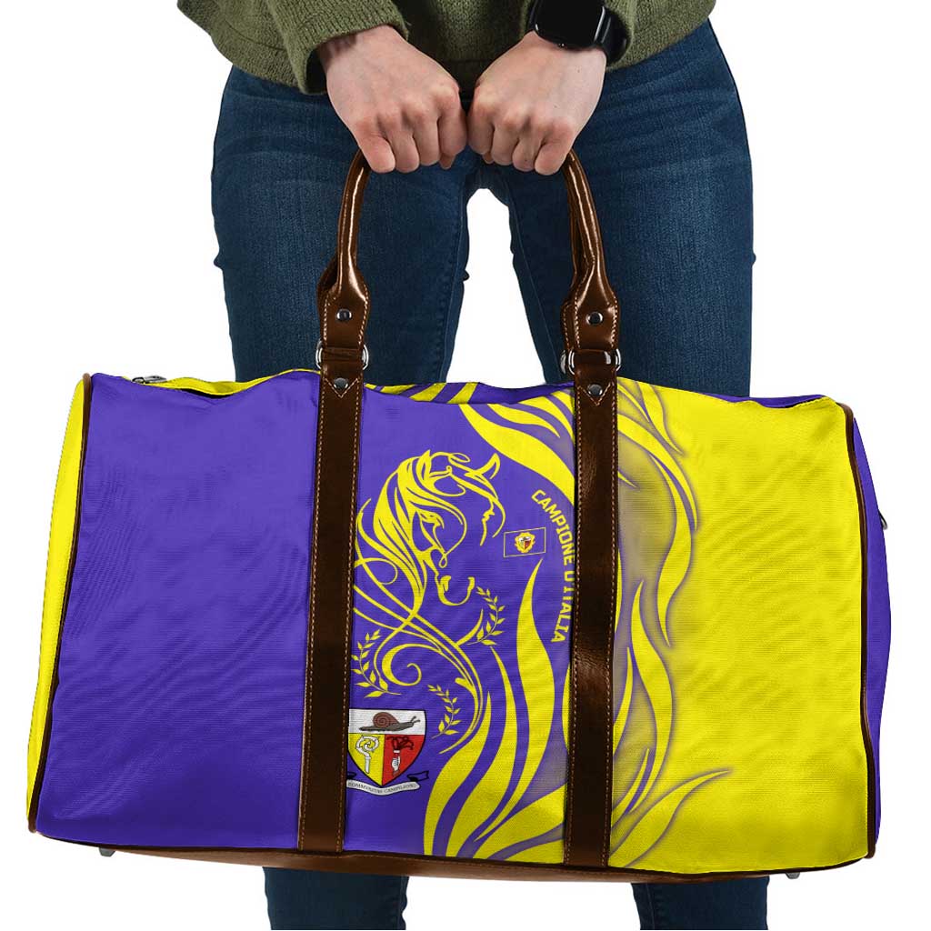 Campione d’Italia Travel Bag with Yellow Horse Graphic and Purple Flame Crest - Wonder Print Shop
