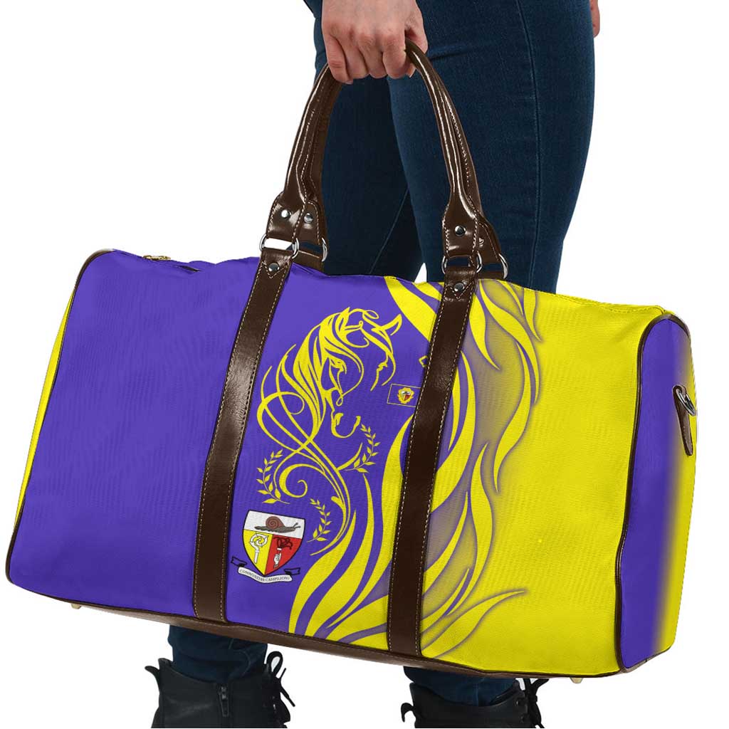 Campione d’Italia Travel Bag with Yellow Horse Graphic and Purple Flame Crest - Wonder Print Shop