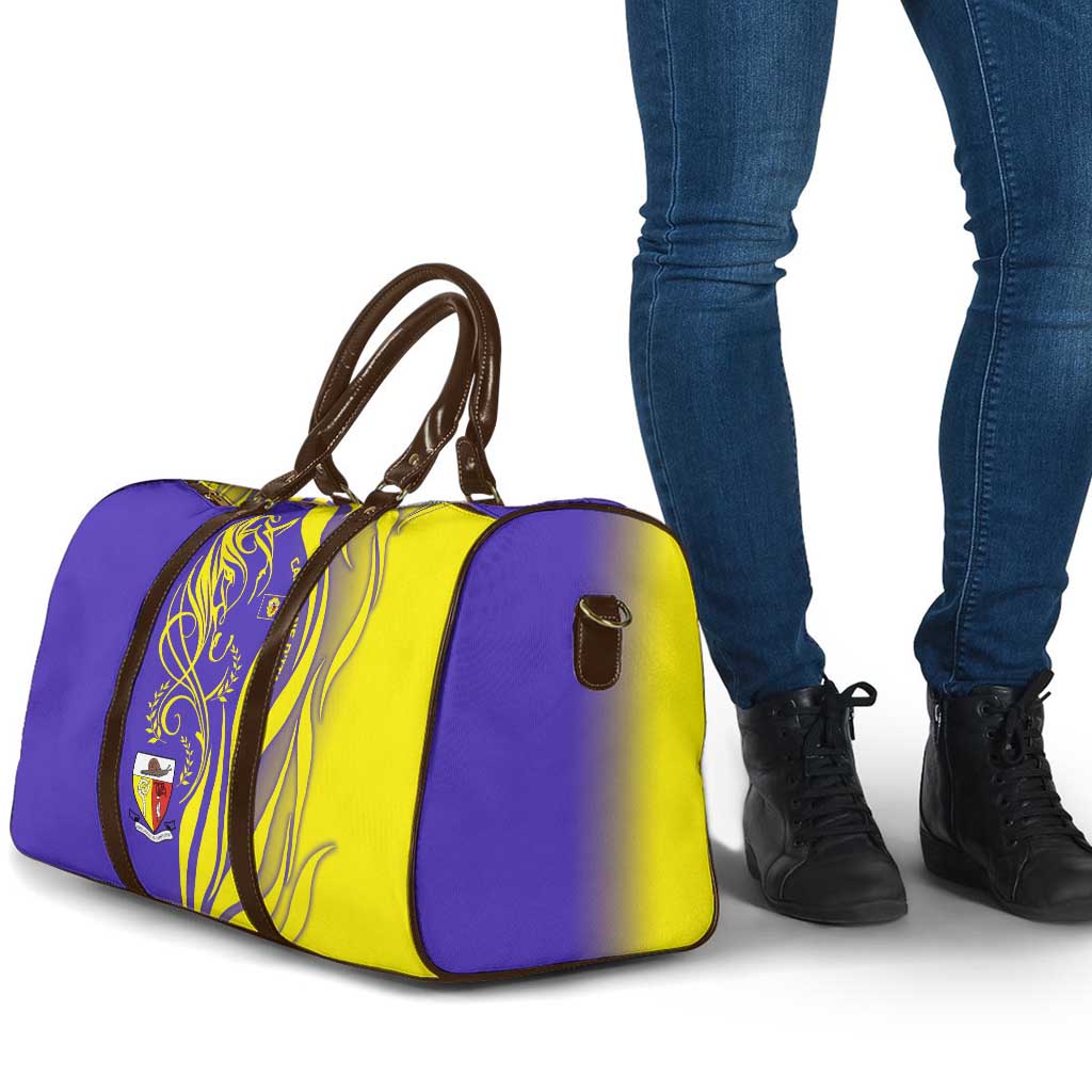 Campione d’Italia Travel Bag with Yellow Horse Graphic and Purple Flame Crest - Wonder Print Shop