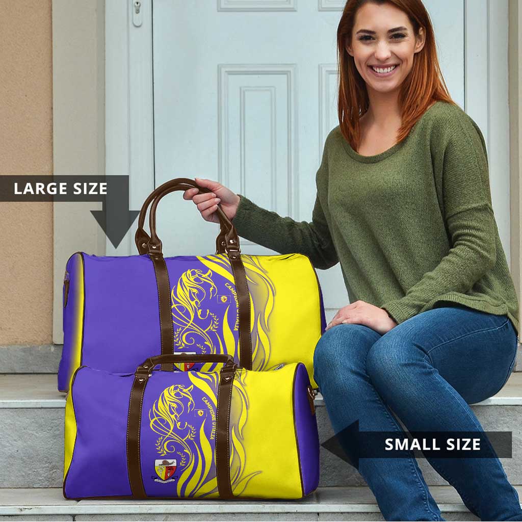 Campione d’Italia Travel Bag with Yellow Horse Graphic and Purple Flame Crest - Wonder Print Shop