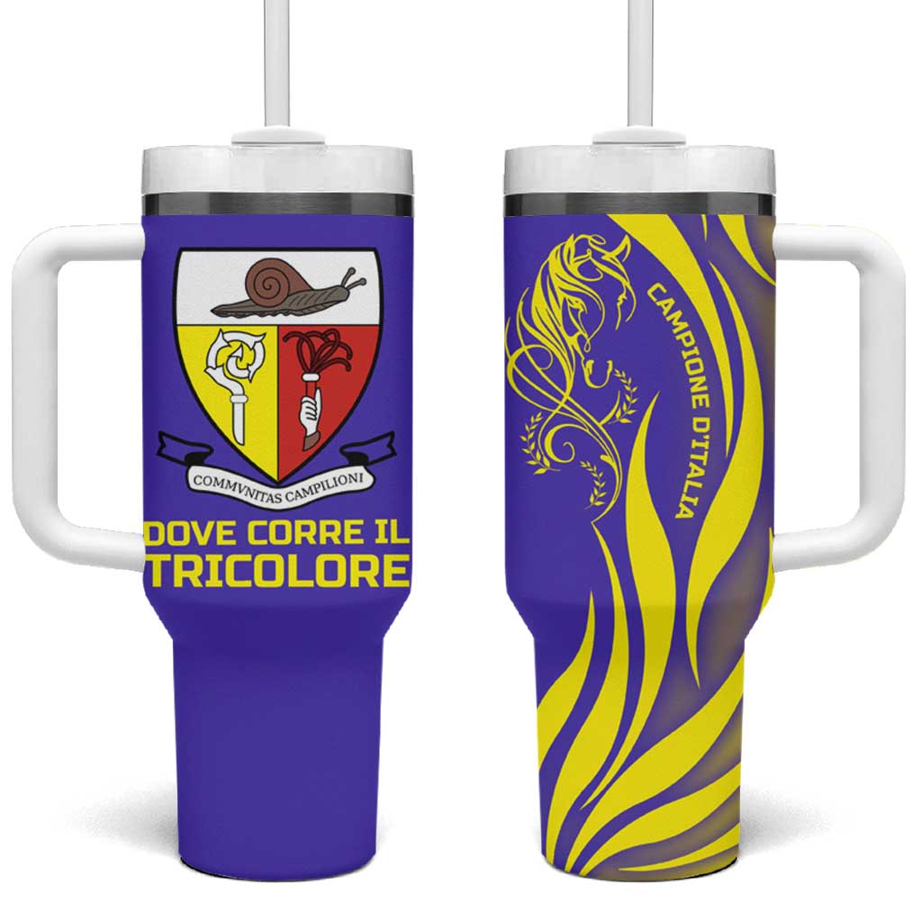 Campione d’Italia Tumbler With Handle with Yellow Horse Graphic and Purple Flame Crest - Wonder Print Shop