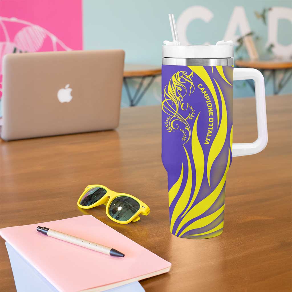 Campione d’Italia Tumbler With Handle with Yellow Horse Graphic and Purple Flame Crest - Wonder Print Shop