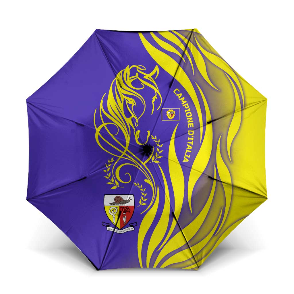 Campione d’Italia Umbrella with Yellow Horse Graphic and Purple Flame Crest - Wonder Print Shop