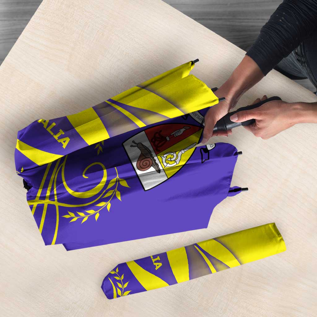 Campione d’Italia Umbrella with Yellow Horse Graphic and Purple Flame Crest - Wonder Print Shop