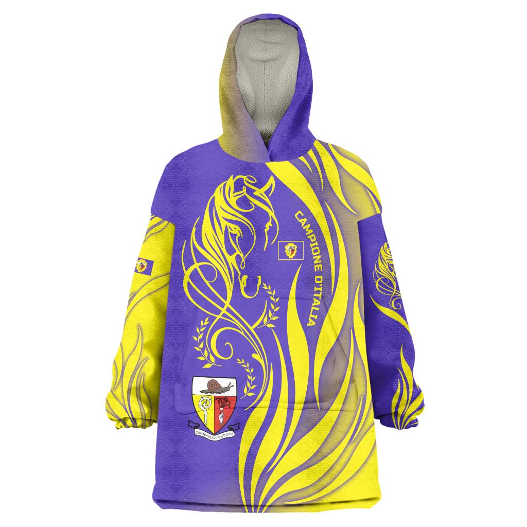 Campione d’Italia Wearable Blanket Hoodie with Yellow Horse Graphic and Purple Flame Crest - Wonder Print Shop