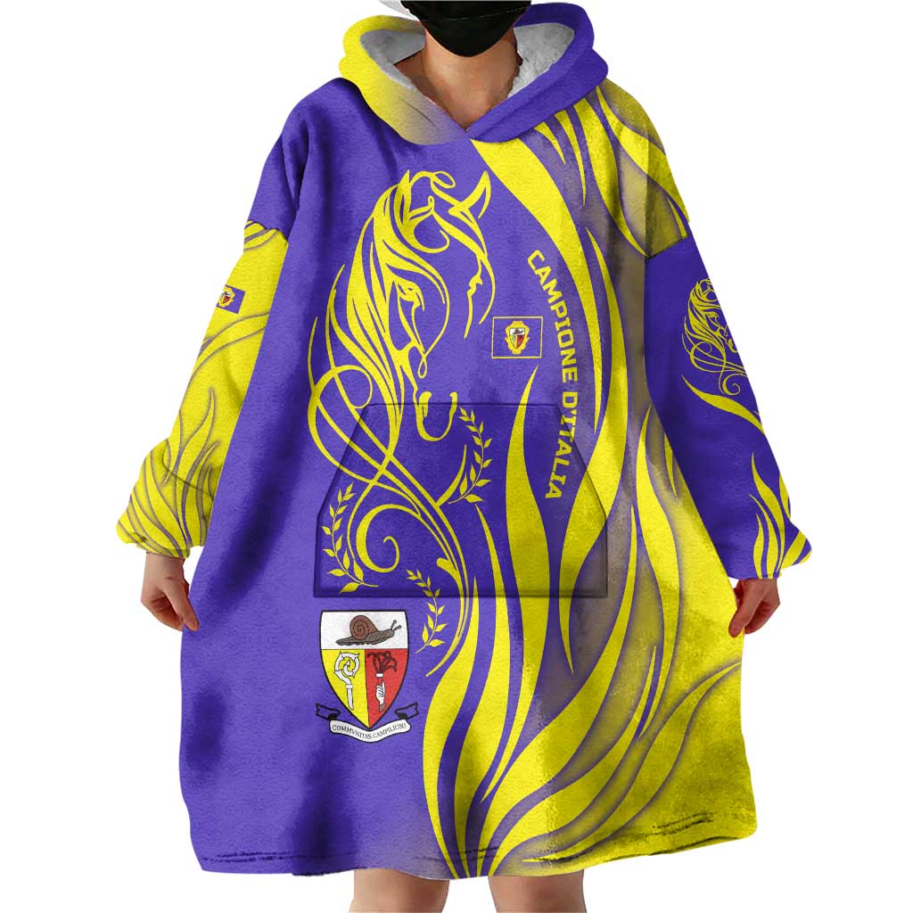 Campione d’Italia Wearable Blanket Hoodie with Yellow Horse Graphic and Purple Flame Crest - Wonder Print Shop