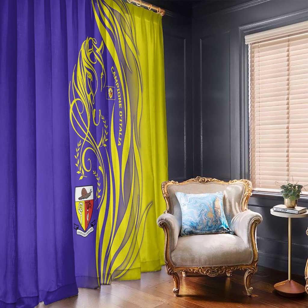Campione d’Italia Window Curtain with Yellow Horse Graphic and Purple Flame Crest - Wonder Print Shop