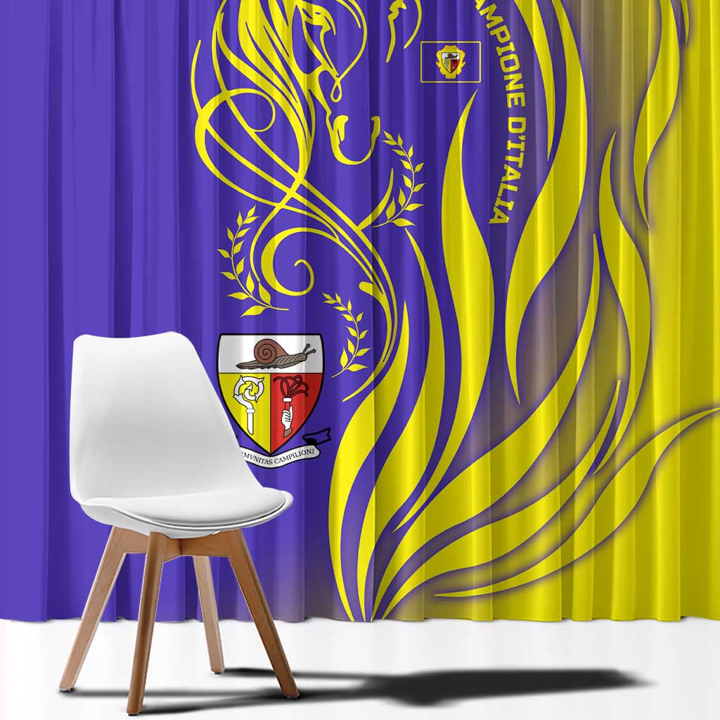 Campione d’Italia Window Curtain with Yellow Horse Graphic and Purple Flame Crest - Wonder Print Shop