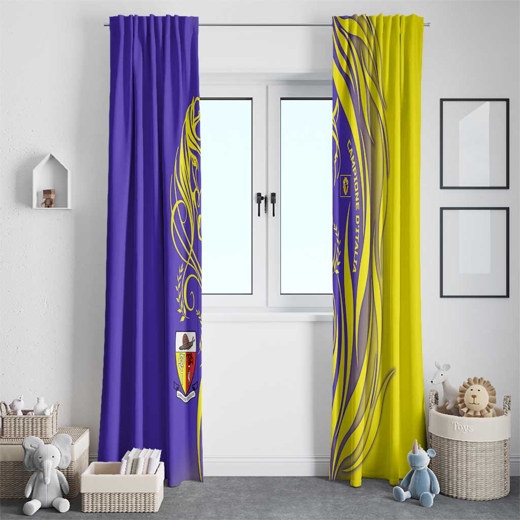 Campione d’Italia Window Curtain with Yellow Horse Graphic and Purple Flame Crest - Wonder Print Shop