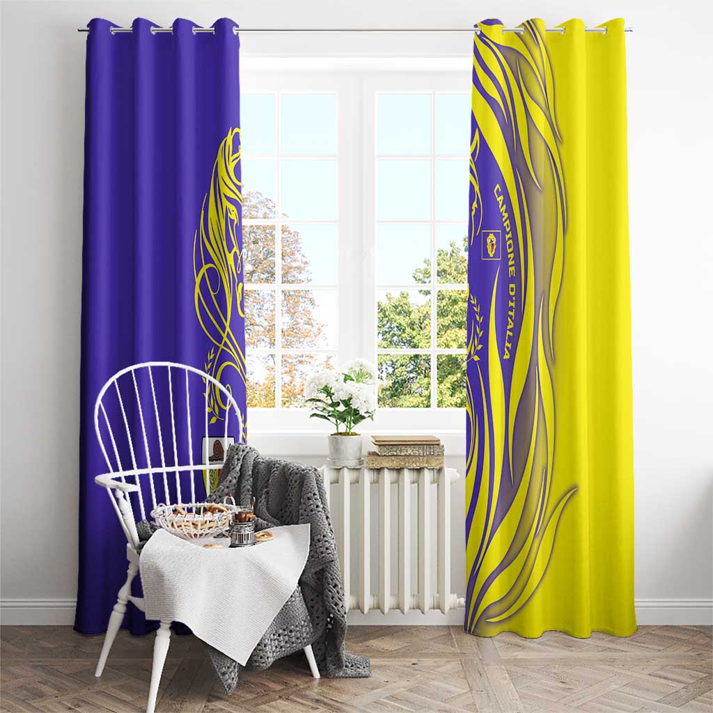 Campione d’Italia Window Curtain with Yellow Horse Graphic and Purple Flame Crest - Wonder Print Shop
