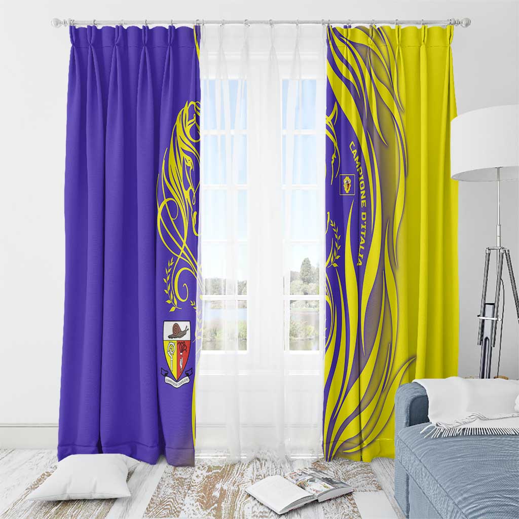 Campione d’Italia Window Curtain with Yellow Horse Graphic and Purple Flame Crest - Wonder Print Shop