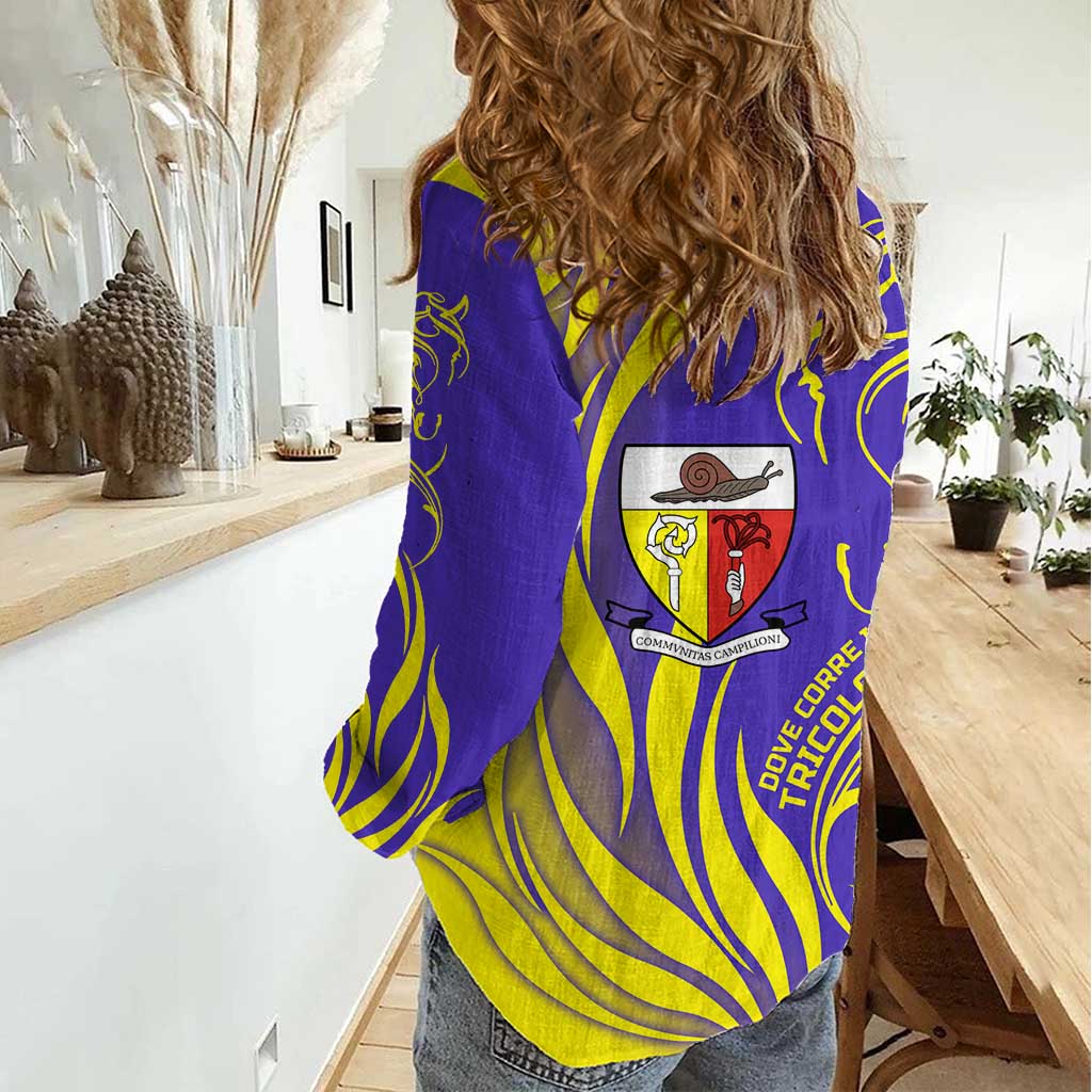Campione d’Italia Women Casual Shirt with Yellow Horse Graphic and Purple Flame Crest - Wonder Print Shop
