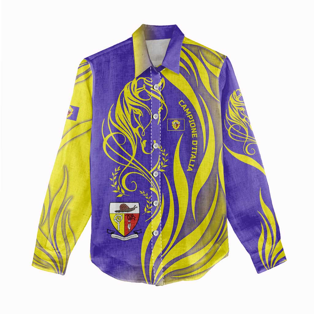 Campione d’Italia Women Casual Shirt with Yellow Horse Graphic and Purple Flame Crest - Wonder Print Shop