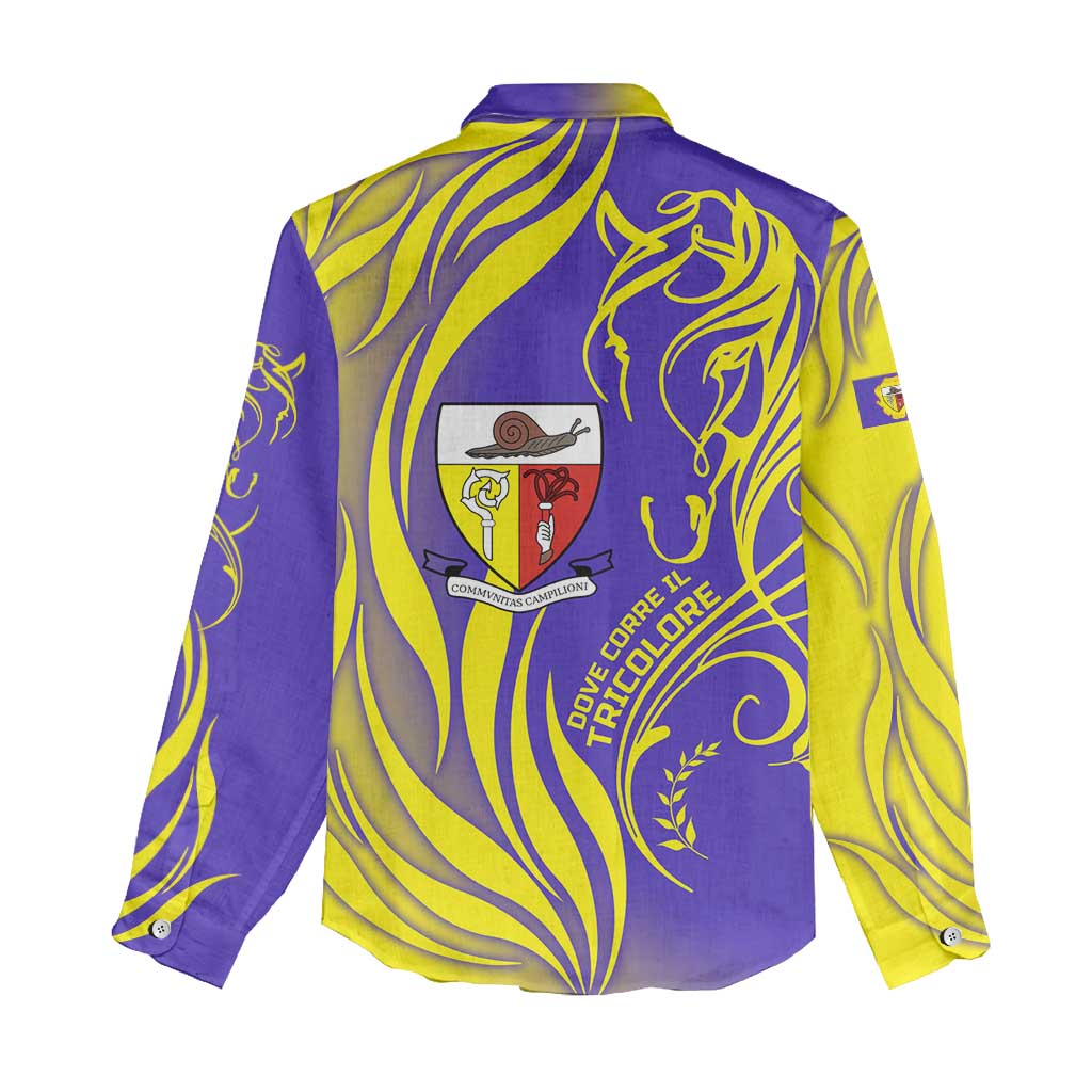 Campione d’Italia Women Casual Shirt with Yellow Horse Graphic and Purple Flame Crest - Wonder Print Shop