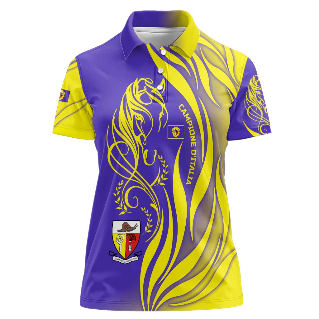 Campione d’Italia Women Polo Shirt with Yellow Horse Graphic and Purple Flame Crest - Wonder Print Shop