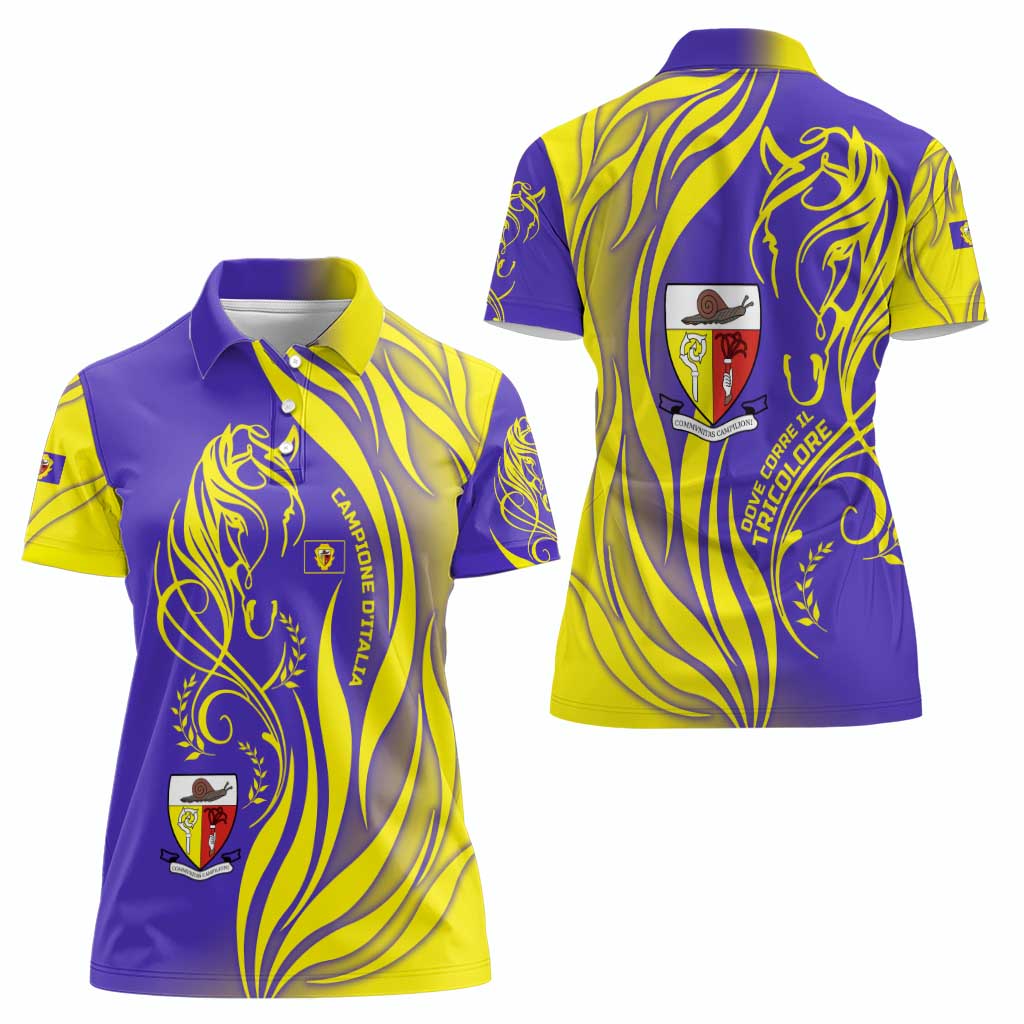 Campione d’Italia Women Polo Shirt with Yellow Horse Graphic and Purple Flame Crest - Wonder Print Shop