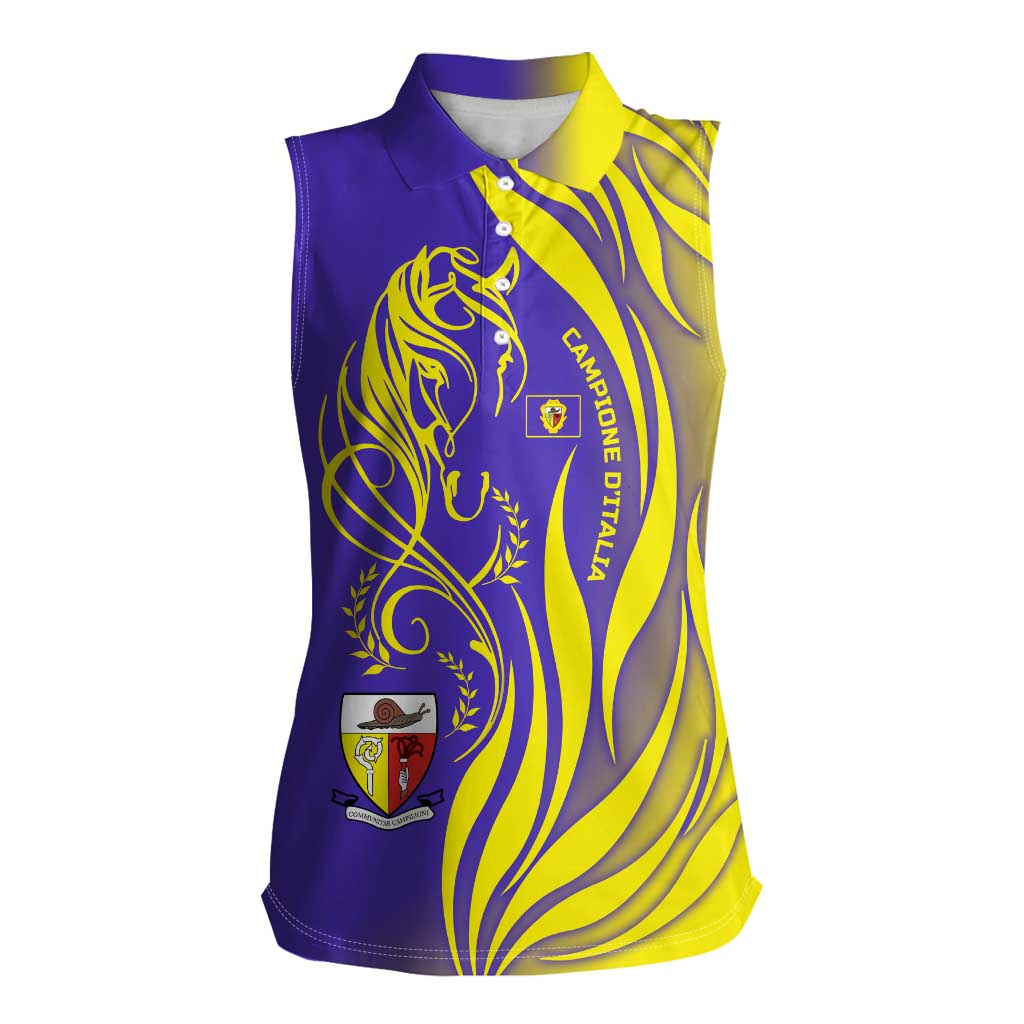 Campione d’Italia Women Sleeveless Polo Shirt with Yellow Horse Graphic and Purple Flame Crest - Wonder Print Shop