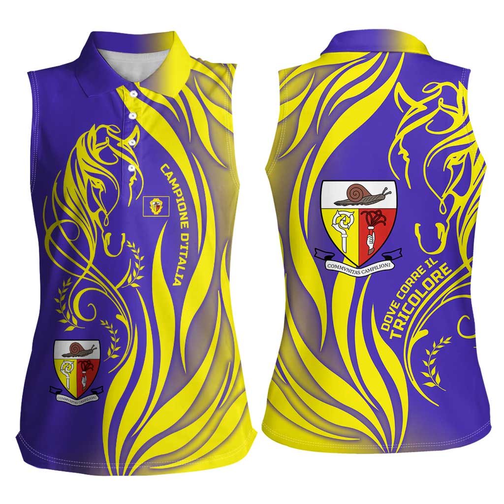 Campione d’Italia Women Sleeveless Polo Shirt with Yellow Horse Graphic and Purple Flame Crest - Wonder Print Shop