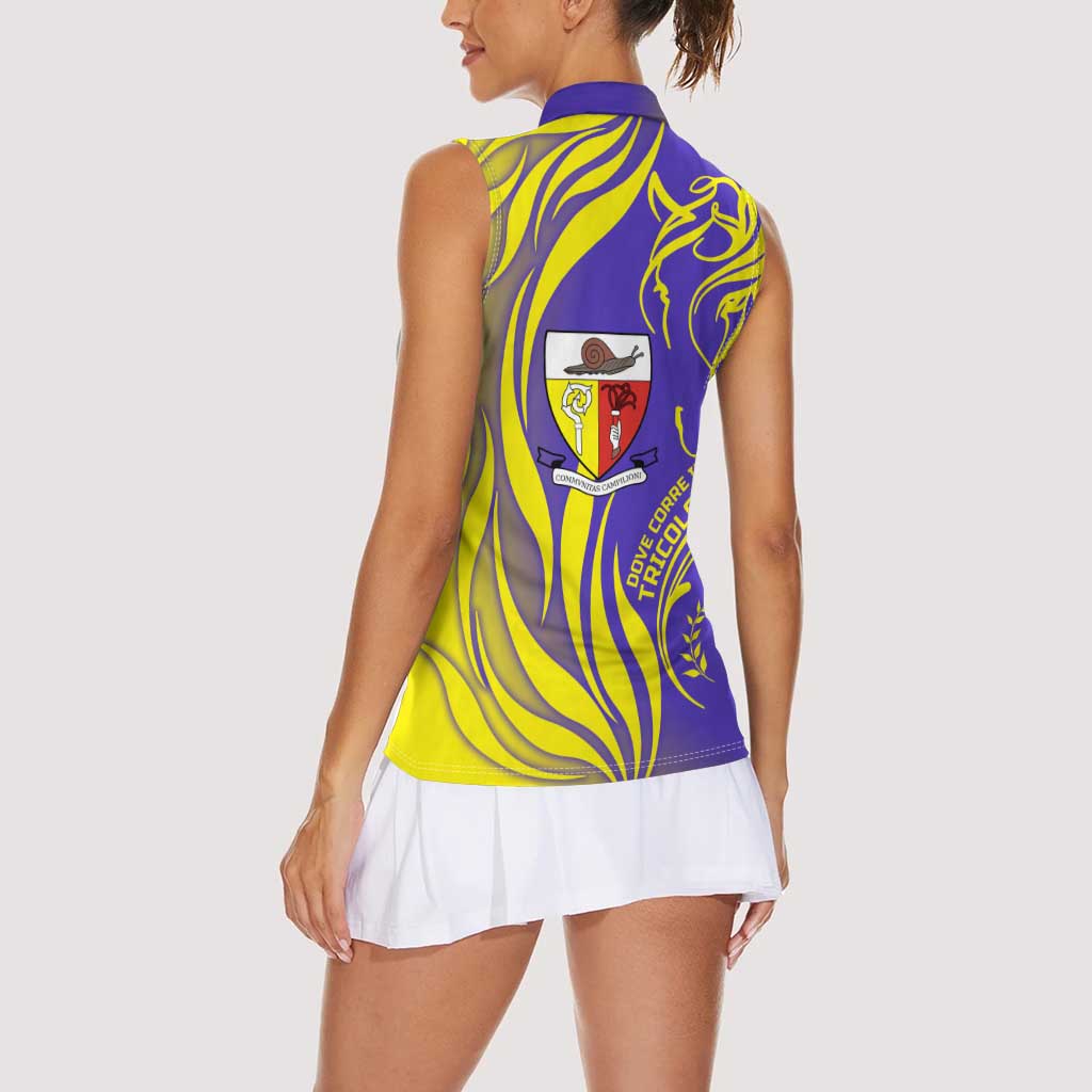 Campione d’Italia Women Sleeveless Polo Shirt with Yellow Horse Graphic and Purple Flame Crest - Wonder Print Shop
