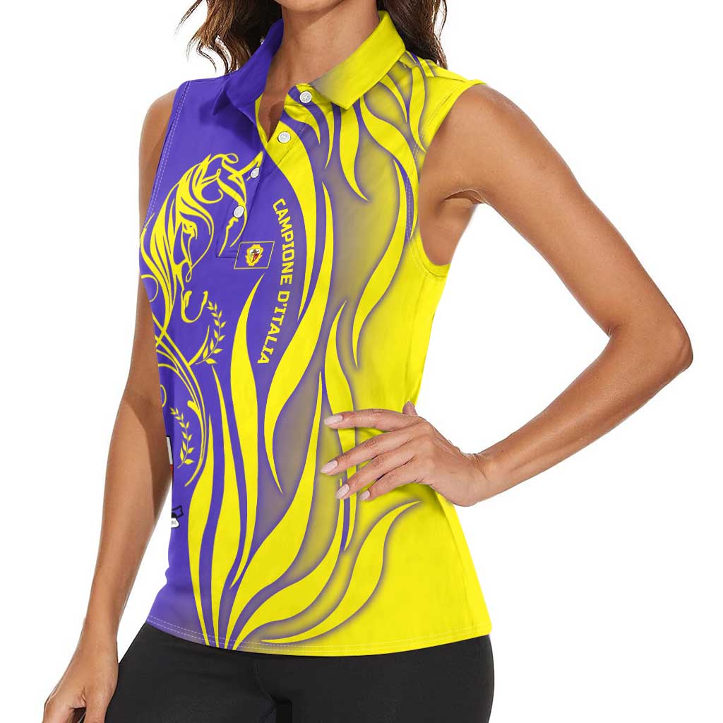 Campione d’Italia Women Sleeveless Polo Shirt with Yellow Horse Graphic and Purple Flame Crest - Wonder Print Shop
