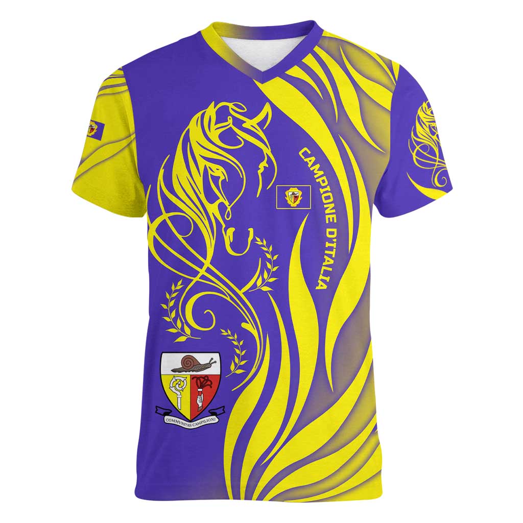 Campione d’Italia Women V-Neck T-Shirt with Yellow Horse Graphic and Purple Flame Crest - Wonder Print Shop
