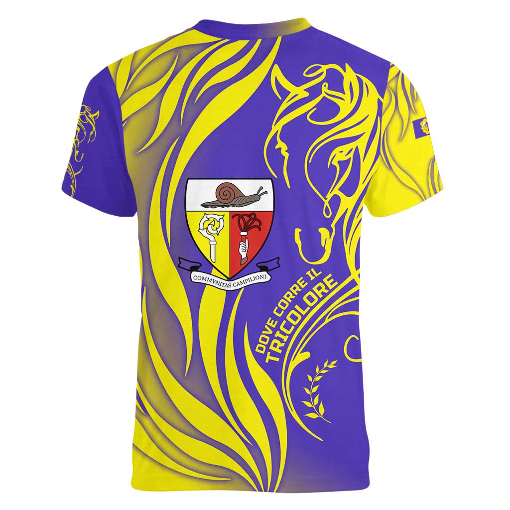 Campione d’Italia Women V-Neck T-Shirt with Yellow Horse Graphic and Purple Flame Crest - Wonder Print Shop