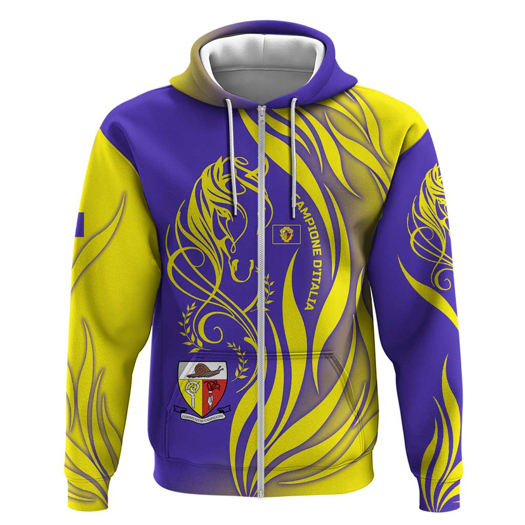 Campione d’Italia Zip Hoodie with Yellow Horse Graphic and Purple Flame Crest - Wonder Print Shop