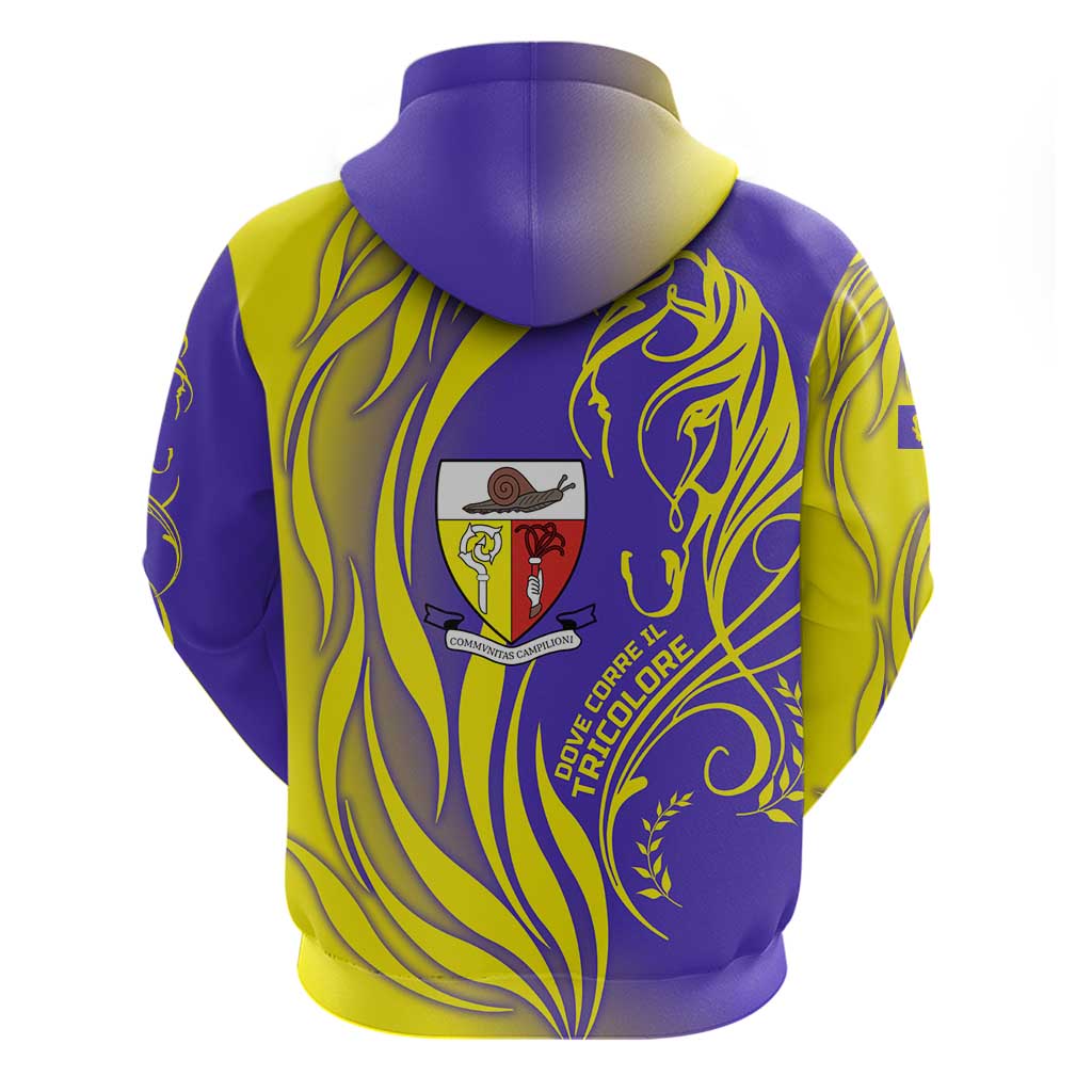Campione d’Italia Zip Hoodie with Yellow Horse Graphic and Purple Flame Crest - Wonder Print Shop