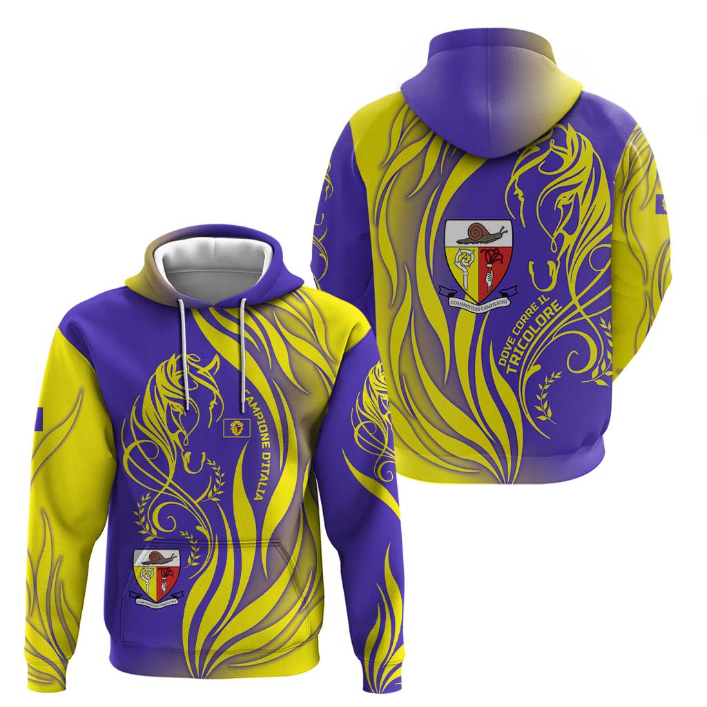 Campione d’Italia Zip Hoodie with Yellow Horse Graphic and Purple Flame Crest - Wonder Print Shop