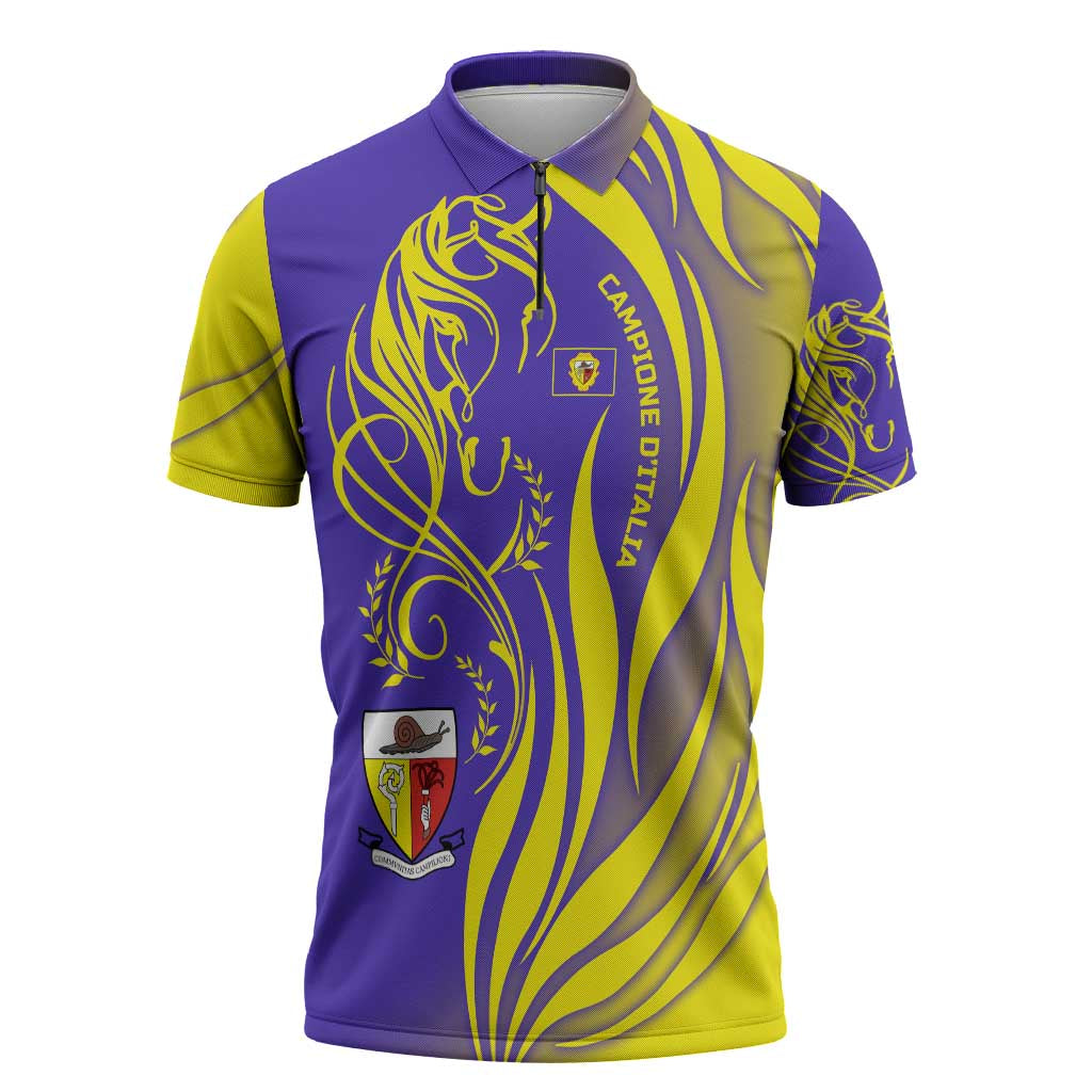 Campione d’Italia Zipper Polo Shirt with Yellow Horse Graphic and Purple Flame Crest - Wonder Print Shop
